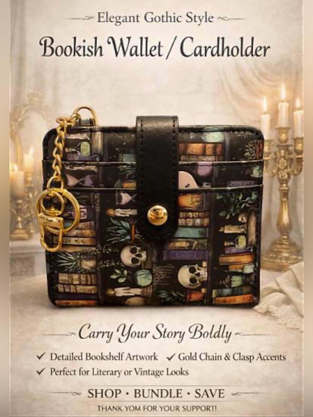 Gothic Bookish Bookshelf Wallet w/ Keychain